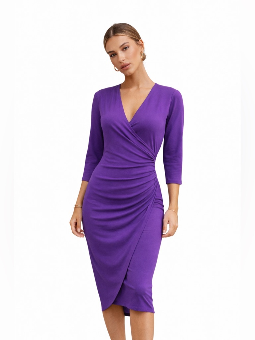 Kettlewell Purple Wrap Midi Dress Ruched Minimalist Chic 3/4 Sleeve M